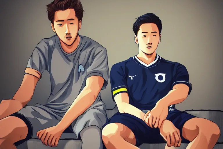 Image similar to beautiful anime harry kane and son heung-min sitting in a 90s teenagers bedroom, highly detailed, realistic, dynamic lighting, cinematic, masterpiece, trending on artstation,