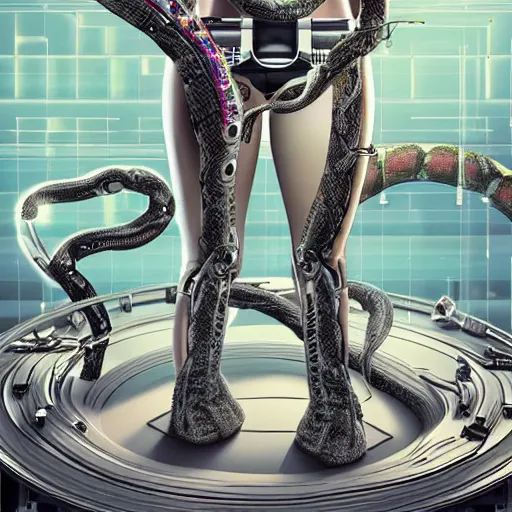 Image similar to the upper torso of a terminator cyborg lady with borg implants, human face and robotic snakes coming out of her head is hanging from cables and wires off the ceiling of a lab. Her bottom half is missing with cables hanging out. She is taking a sip from a cup of coffee. Tiny green led lights in her cybernetics. very detailed 8k. Horror cyberpunk style. Unreal engine 5 render with nanite, path tracing and cinematic post processing. Sharp.