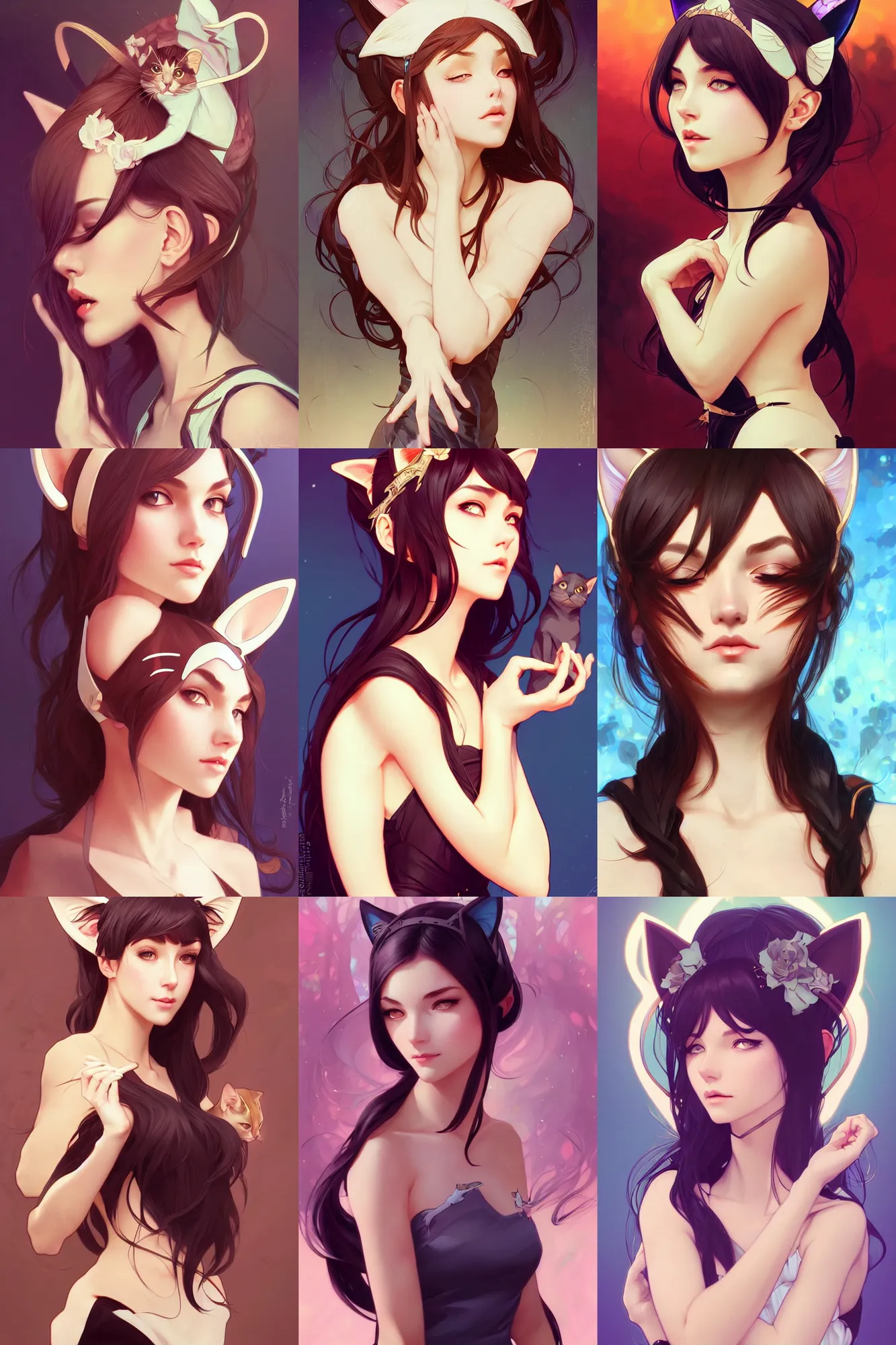 Image similar to A beautiful woman with cat ears, highly detailed, digital painting, artstation, concept art, smooth, sharp focus, illustration, art by artgerm and alphonse mucha, high definition digital art, in the style of Ross tran and ilya kuvshinov