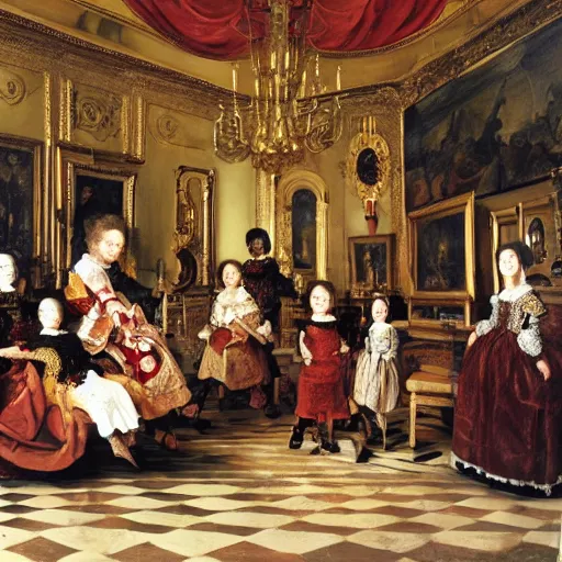 Prompt: family portrait in the main room of the castle, space between subjects, realistic detail subjects, realistic paint baroque style painted in 1 6 5 6 complex and enigmatic composition using pigments like white, azurite, vermilion and red lake, ochres and carbon blacks painted by diego velasquez oil on canvas dimensions 3 2 0, 5 × 2 8 1, 5 cm