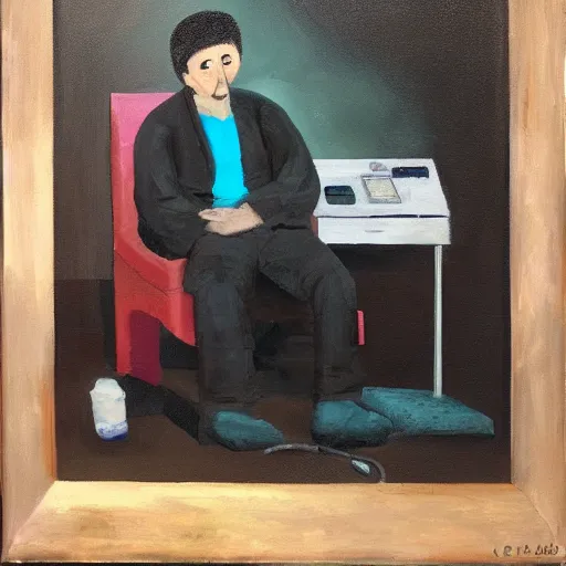 Image similar to a tired doctor in scrubs, sitting on chair, smoking weed, looking lonely and sad, oil painting, dark theme