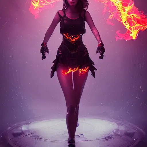 Image similar to a girl like yoona, in a glowing skirt, casting fire spell, background cyberpunk spaceship, full shot, photo, geometries, Fibonacci volumetric lighting, epic composition, intricate details, dark neon punk, by denis villeneuve and WLOP