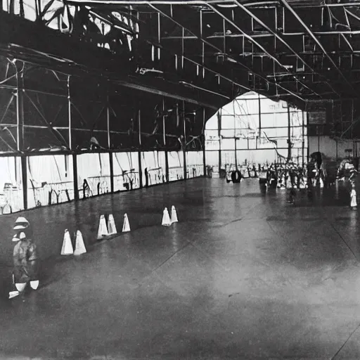 Image similar to flarge black triangle ship inside a hanger, old photo, vintage photo, grainy, realistic, real photo, men in hazmat suits standing around