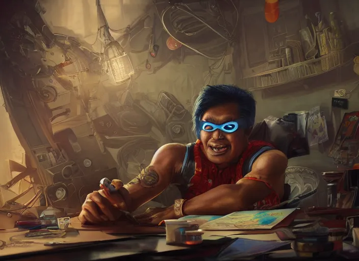 Image similar to an insanely detailed painting of an asian man wearing a homemade superhero costume, sitting at a desk, staring seriously at the computer and typing, in the style of peter mohrbacher, dramatic lighting and composition, surreal background, octane render, pixar, trending on artstation, concept art, comic book, view from behind, 8 k