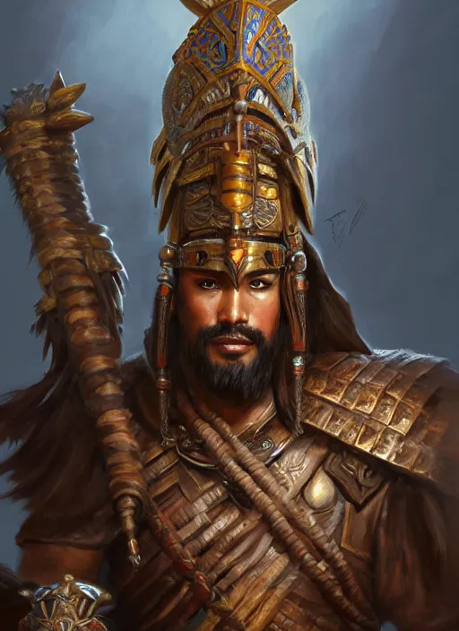 Image similar to smart tai warlord, closeup portrait, historical hero, ethnic group, tai costume, bronze headdress, intricate, with leather armor cross on bare chest, elegant, loin cloth, highly detailed, oil painting, artstation, concept art, matte, sharp focus, illustration, hearthstone, art by earl norem