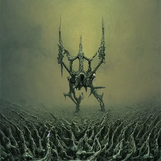 Prompt: cathedral made of bones, dragons fighting in the air, hellscape by beksinski