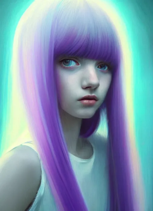 Image similar to hair whitebangs hair, black hair, whitebangs, portrait of teenage girl with white bangs, red irises, purple clothes, white bangs, bangs are different color from hair, intricate, elegant, glowing lights, highly detailed, digital painting, artstation, concept art, smooth, sharp focus, illustration, art by wlop, mars ravelo and greg rutkowski