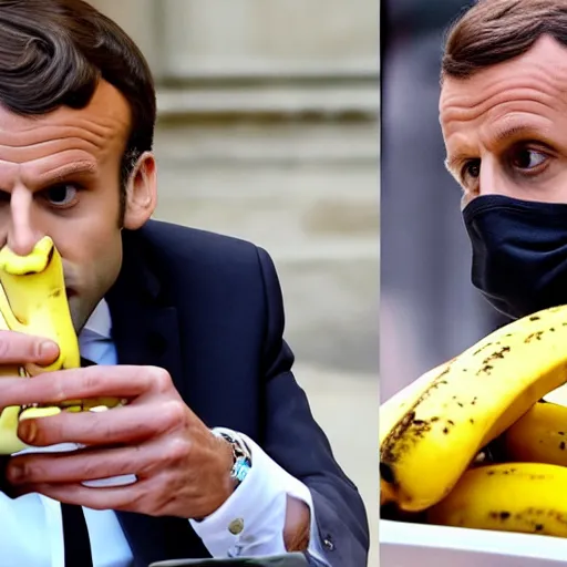 Prompt: footage of Emmanuel macron robbing a McDonald with a banana