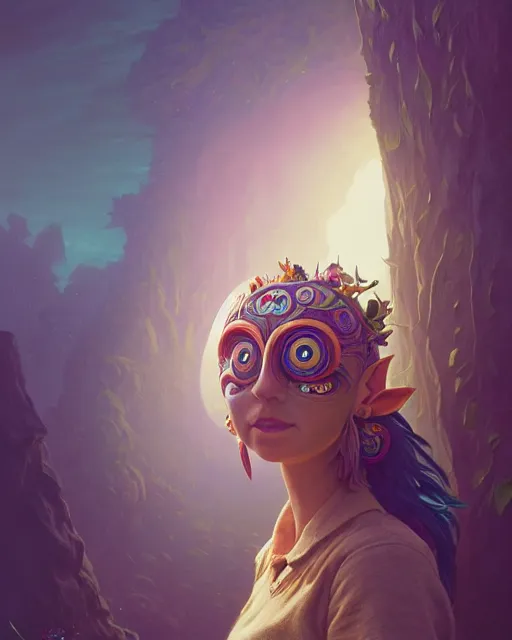 Prompt: highly detailed surreal vfx portrait of young woman wearing majora's mask, stephen bliss, unreal engine, greg rutkowski, loish, rhads, beeple, makoto shinkai and lois van baarle, ilya kuvshinov, rossdraws, tom bagshaw, alphonse mucha, global illumination, detailed and intricate environment