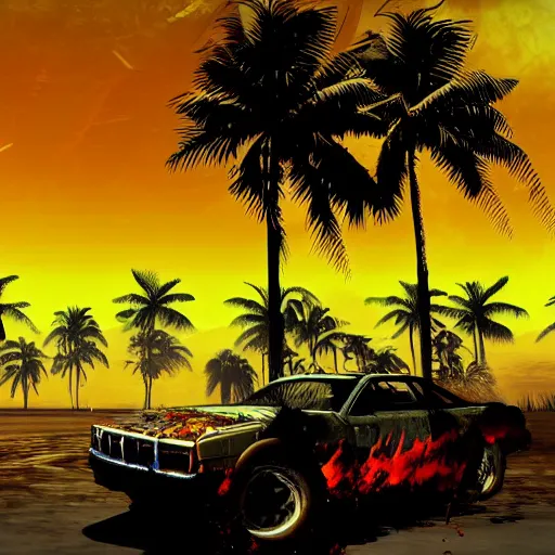 Prompt: far cry car leaking black tar chaotic intensive apocalyptic adrenaline anger oil black tar landscape wasteland miami desert landscape natural disasters sunset palm trees landscape hotline Miami style