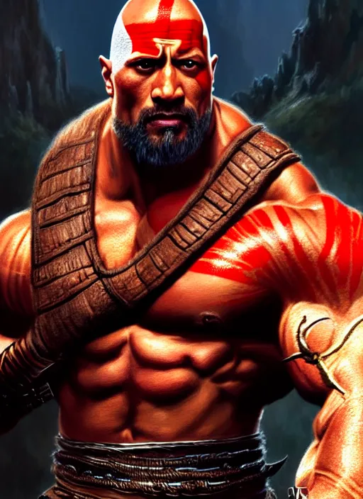 Image similar to portrait ofdwayne johnson as kratos, d & d, muscular! fantasy, intricate, elegant, highly detailed, digital painting, artstation, concept art, smooth, sharp focus, illustration, art by artgerm and greg rutkowski and alphonse mucha