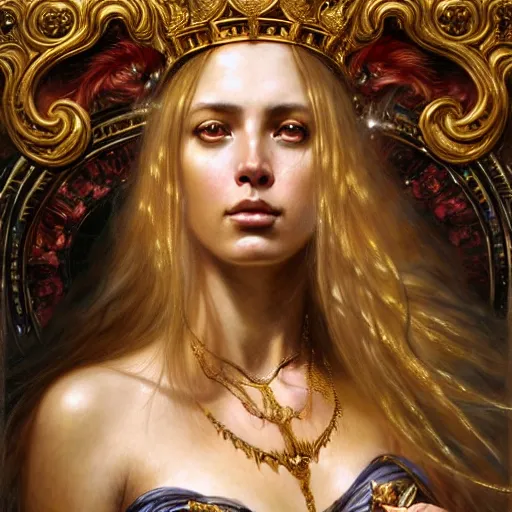 Image similar to highly detailed portrait of a majestic lioness queen in the form of a beautiful woman. d & d. art by donato giancola, franz xaver winterhalter, luis royo, bastien lecouffe - deharme. trending on artstation, intricate details, energetic composition, golden ratio, concept art, illustration, elegant art, global illuminaition