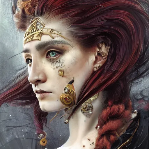 Image similar to portrait, headshot, insanely nice professional hair style, dramatic hair color, digital painting, of a old 17th century, old cyborg merchant, amber jewels, baroque, ornate clothing, scifi, realistic, hyperdetailed, chiaroscuro, concept art, art by Franz Hals and Jon Foster and Ayami Kojima and Amano and Karol Bak,