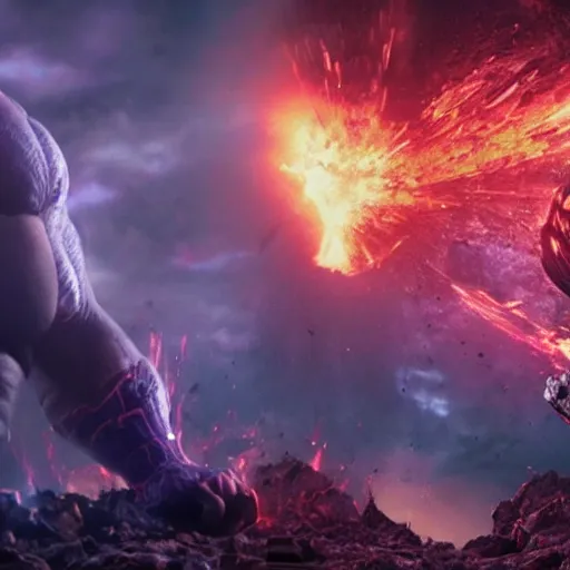 Image similar to Thanos fighting Darkseid in hell, hyper realistic, Zack Snyder movie shot, moody, atmospheric, 8k resolution, high detail,