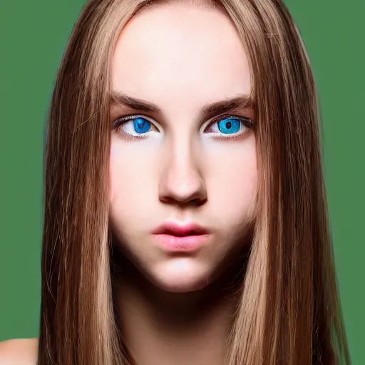 Prompt: brunette with dyed blonde hair, 20 years old, 160 cm tall, long flat hair, blonde, green eyes, small nose, small mouth, round shaped face, big forehead, lop eared, full body shot, thin eyebrows, small jaw, real life photograph
