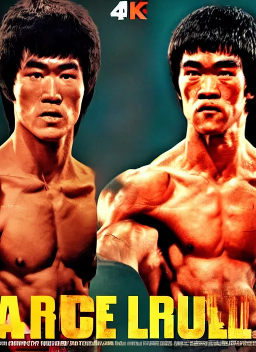 Prompt: Film poster Bruce lee fights VS Arnold Schwarzenegger, faces look at each other, detailed and realistic, 4k, filmic render