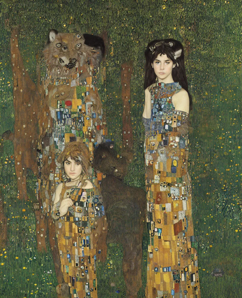 Image similar to portrait of fierce Princess Mononoke, fully clothed in armor, lush forest landscape, painted by Gustav Klimt, norman rockwell, james gurney, denoised, sharp, architectural