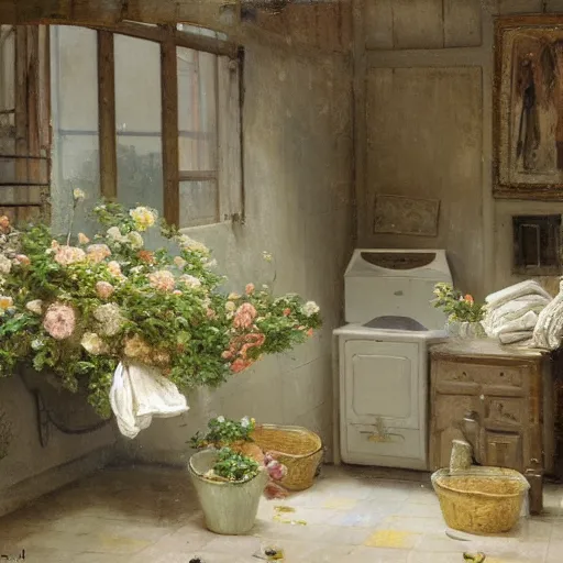 Image similar to detailed painting of a laundry room, floral ornaments, andreas achenbach,