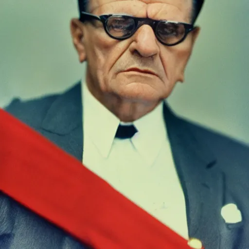 Prompt: 50s movie still close-up facing portrait of Josip Broz Tito standing in a ceremony, by Irving Penn , Cinestill 800t 35mm , heavy grainy picture, very detailed, high quality, 4k, HD criterion, precise texture, with a large sovietic flag