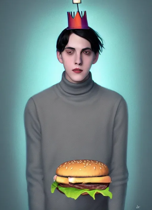 Image similar to portrait of teenage jughead jones wearing a light grey crown, crown, eating hamburger, blue turtleneck, eyes closed, crown, black hair, intricate, elegant, glowing lights, warm lighting, highly detailed, digital painting, artstation, concept art, smooth, sharp focus, illustration, art by wlop, mars ravelo and greg rutkowski