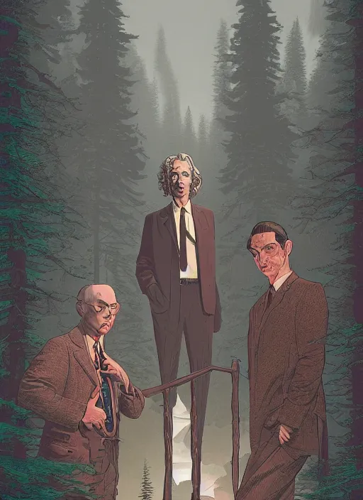 Prompt: Twin Peaks poster artwork by Michael Whelan and Tomer Hanuka, Rendering of Tim Burton murder from Twin Peaks, full of details, by Makoto Shinkai and thomas kinkade, Matte painting, trending on artstation and unreal engine