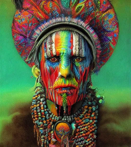 Image similar to Portrait painting in a style of Beksinski mixed with Alex Grey of an old shaman dressed in a colorful traditional clothes. Very psychodelic