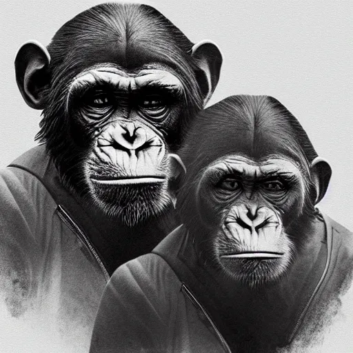 Prompt: double exposure portrait of a astronaut and chimpanzee posing, pencil art, high definition, dynamic lighting