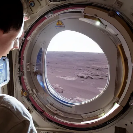 Prompt: astronaut looking out the window of a cozy space habitat on Mars