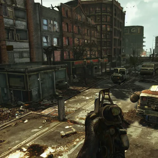 Image similar to Rotterdam in ruins post-nuclear war in Fallout 4, in game screenshot