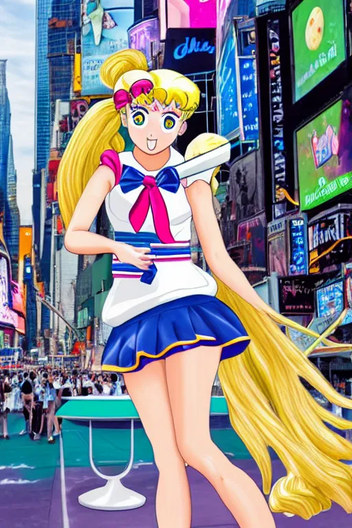 Image similar to Sailor Moon eating an ice-cream cone with green ice-cream, walking down New York Time Square, high detail, realistic