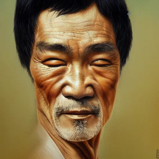 Prompt: UHD tonalism painting of elderly, old Bruce Lee, by Antonio Caparo and Ferdinand Knab and Greg Rutkowski, UHD, photorealistic, trending on artstation, trending on deviantart