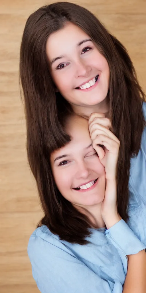 Prompt: school picture day photo of young woman with dark brown hair looking into the camera and with an excited smile, full body, ultrarealistic, 8k