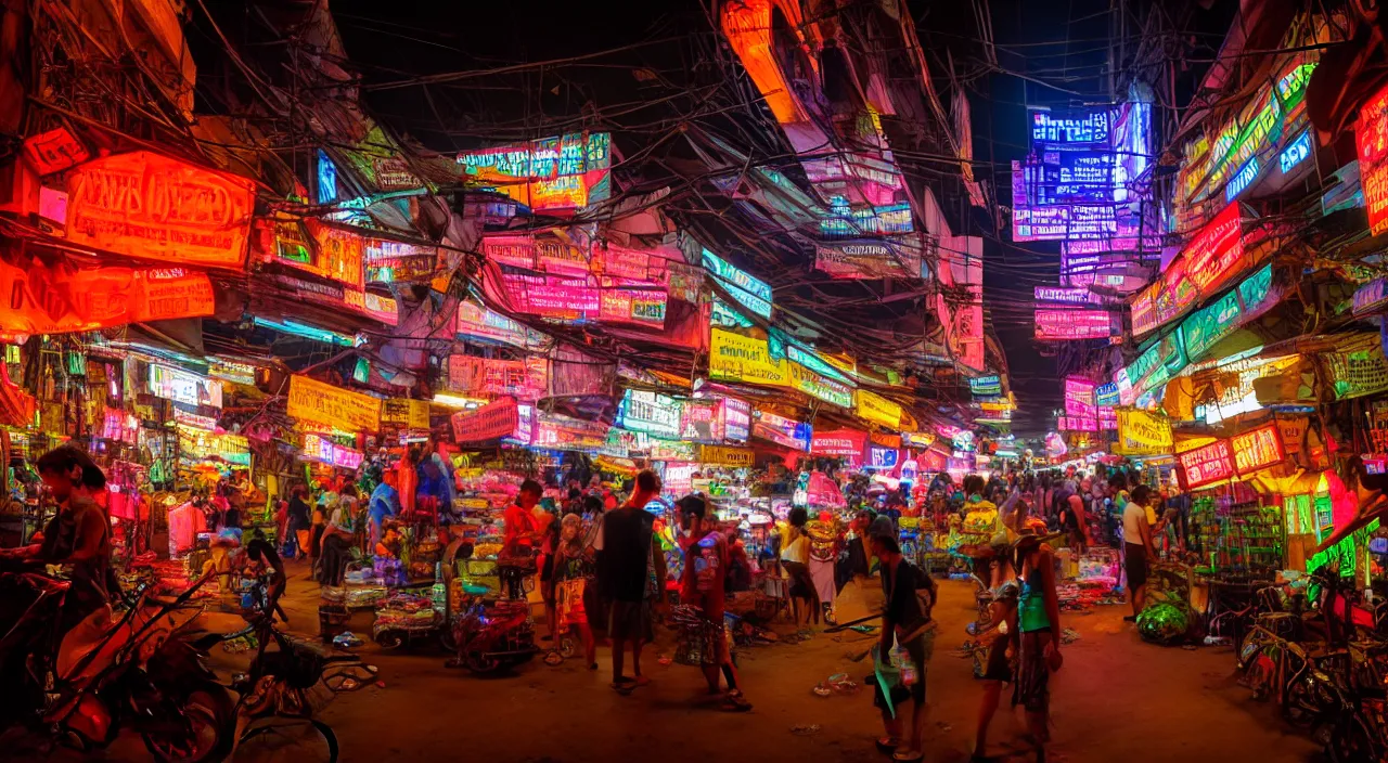 Image similar to Cyberpunk Market, futuristic Phnom-Penh Cambodia, neon lighting