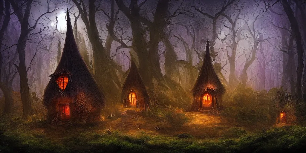 Prompt: beautiful matte painting of a fantasy witche hut in dark forest at night