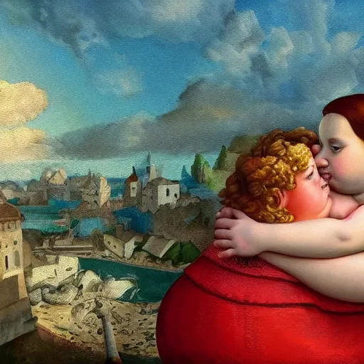 Prompt: a stylize oil painting in renaissance style of a very sweet little fat girl kissing a huge colorful cute fish. red mouth, blue eyes. flowery dress. hyper realistic scene. 3 d, octane render, deep focus, white scene. very funny and sweet image. unreal engine. watercolor. fellini style. poster quality. da vinci painting style. pencil illustration.