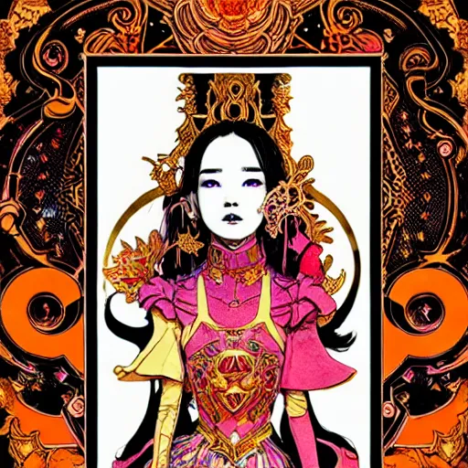 Image similar to jisoo + blackpink + elements + red + gold + neon + baroque + rococo + white + orange + ink + tarot card, ornate + by marc simonetti, paul pope, peter mohrbacher, detailed, intricate ink illustration + damask + award winning + 8 k