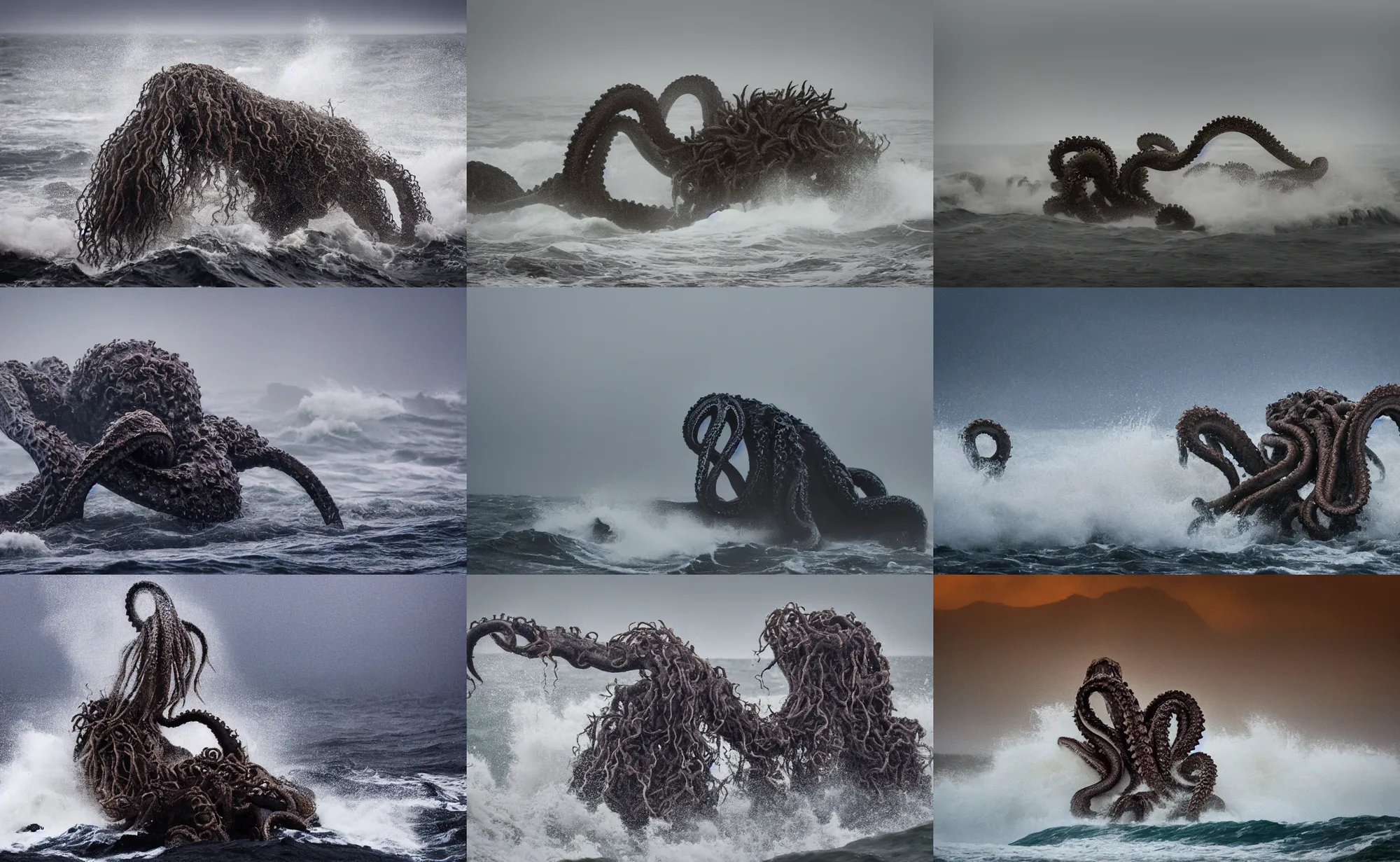 Prompt: nature photography of a kraken feeding, south african coast, rainfall, rough waves, fog, digital photograph, cool colors, award winning, 5 0 mm, telephoto lens, national geographic