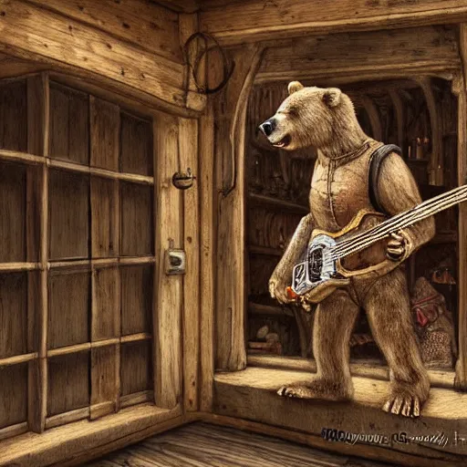 Image similar to A realistic bear playing guitar in a medieval shop viewed from the inside, texture, intricate, details, highly detailed, masterpiece, architecture, building, trending on artstation, focus, sharp focus, concept art, digital painting, fantasy, sunny, day, midday, in the style of skyrim