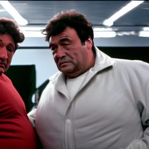 Prompt: columbo and the michelin man are standing in a boxing ring, realistic, photography, bokeh effect