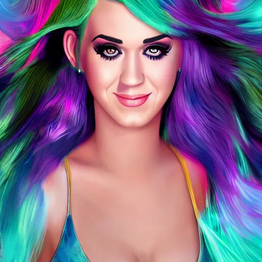 Image similar to portait princess katy perry, centred, very long hair, hd, unreal engine, art digital painting, amazing background theme