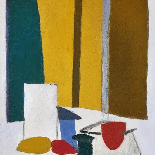 Prompt: a painting by ben nicholson in the style of ivon hitchens, table still life with card