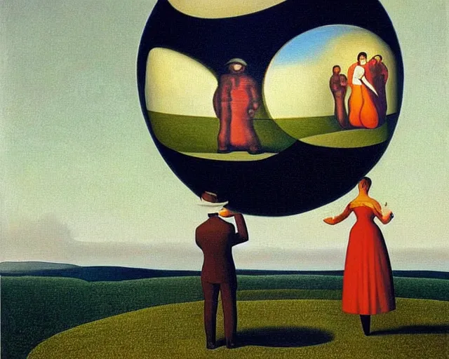 Image similar to a painting of two people in a large ball, a surrealist painting by Grant Wood, pinterest, pop surrealism, henry moore, surrealist, pre-raphaelite