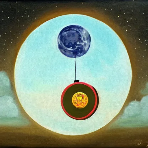 Image similar to a painting of a giant coin flying towards the moon like a rocket