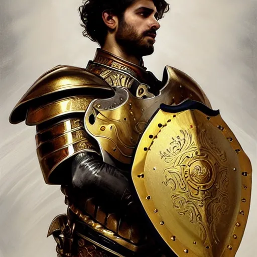 Image similar to Portrait of Pedro Perestrello as a paladin wearing gold full plate armor and wielding a shield, fantasy, intricate, elegant, highly detailed, digital painting, artstation, concept art, matte, sharp focus, illustration, art by Roberto Ferri and Greg Rutkowski and Alphonse Mucha