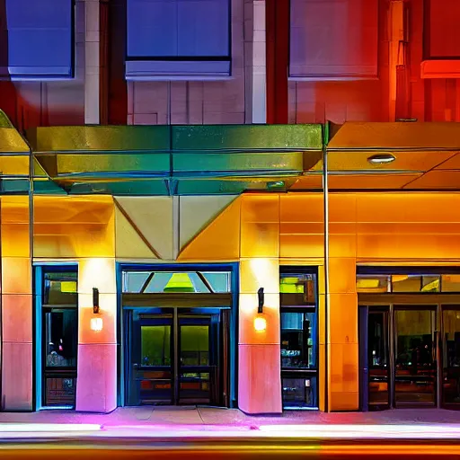 Prompt: Photography city building entrance at night, front elevation view, Night Lights, Nightscape ,vibrant, by Woelfel, Brandon.