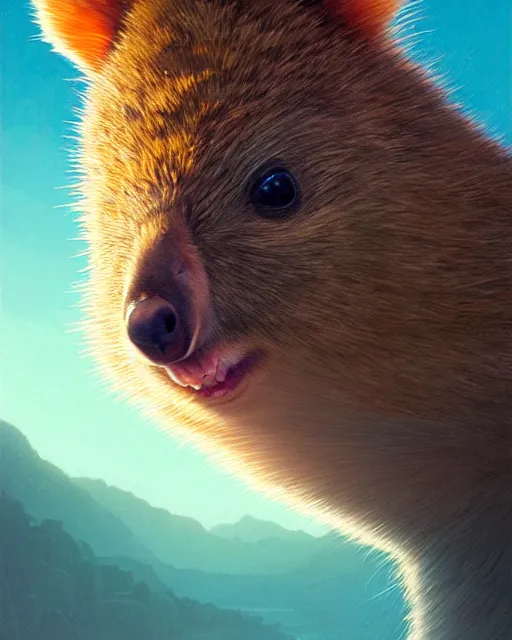 Image similar to highly detailed surreal vfx portrait of a sacred quokka, stephen bliss, unreal engine, greg rutkowski, loish, rhads, beeple, makoto shinkai and lois van baarle, ilya kuvshinov, rossdraws, tom bagshaw, alphonse mucha, global illumination, detailed and intricate environment