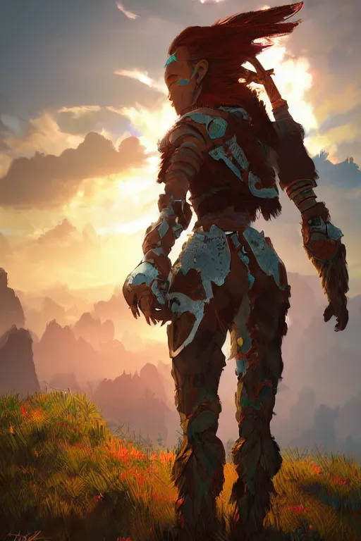 Image similar to combination suit armor aloy horizon forbidden west horizon zero dawn radiating a glowing aura global illumination ray tracing hdr fanart arstation by ian pesty and alena aenami artworks in 4 k tribal robot ninja mask helmet backpack