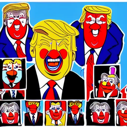 Image similar to Donald Trump as a clown with a group of clowns, trending on deviantart