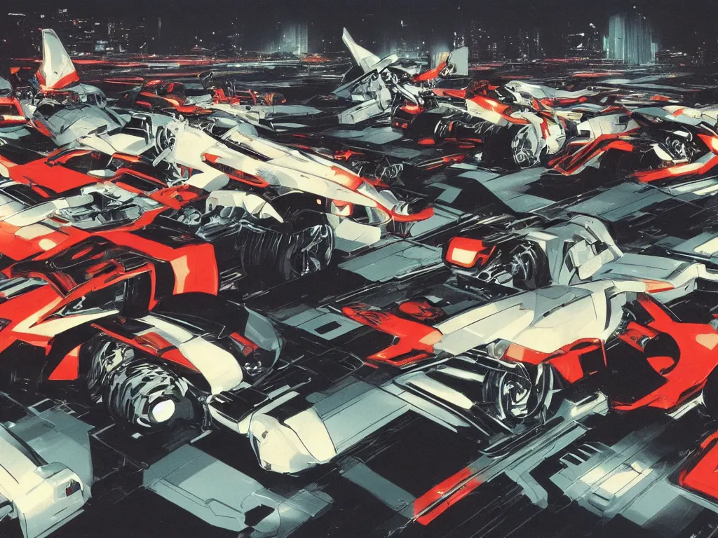 Image similar to Mechbots designed by Ferrari and Lamborghinis in battle in Tokyo at night by syd mead