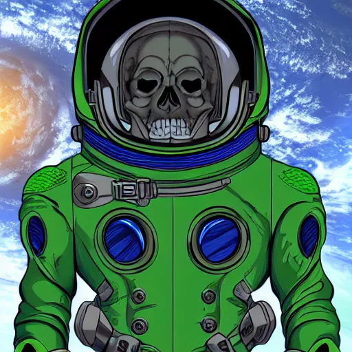 Prompt: green skull, anatomical in an astronaut suit, floating in space 3 d, extreme wide shot